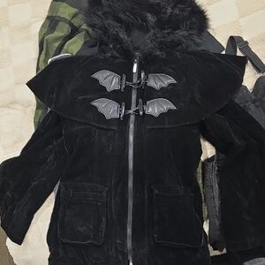 Killstar Black Hooded Coat with Bat Accents